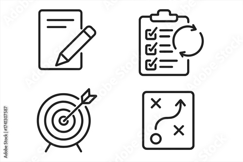 Business and strategy vector set with editable line icons including note-taking, checklist with update arrows, target with arrow, and strategic planning diagram, transparent background
