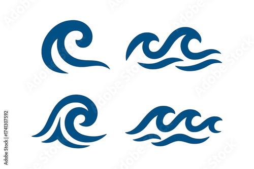 Wave icon logo set with sea ocean maritime water sports concept, abstract blue wave illustrations with transparent background, ocean wave vector symbols for design