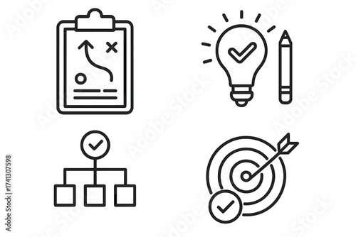 Business strategy and planning icons set. Clipboard tactical plan, light bulb idea with pencil, hierarchical structure with checkmark, target with arrow success concept. Vector outline symbols