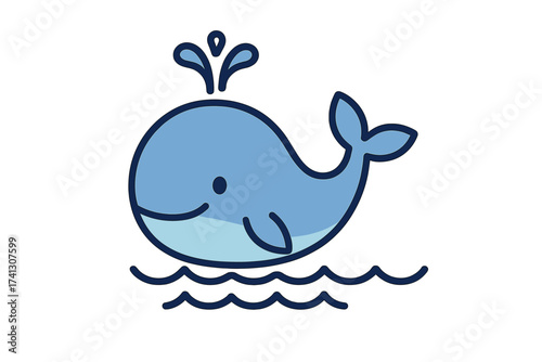 Cute blue whale icon with water fountain spout in ocean waves, playful marine animal illustration, vector filled thin outline design, transparent background