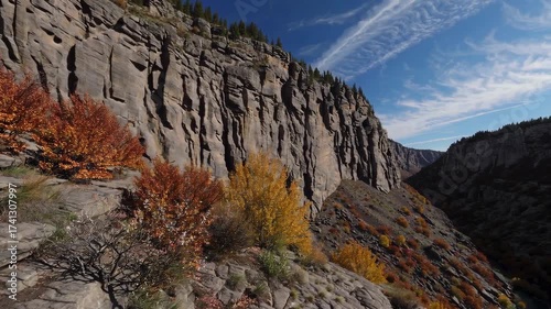 Canyon overlook with rugged cliffs and colorful serviceberry and black cherry trees in autumn light