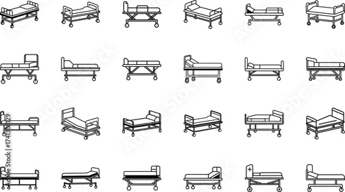 Medical and Hospital Equipment Icons Set – Bandage, Wheelchair, Mask, Bed, Syringe, Scissors, Microscope, Gloves, Nurse Cap, Tooth, Stethoscope, Scalpel, Oxygen Cylinder, Medical Tools, and Healthcare