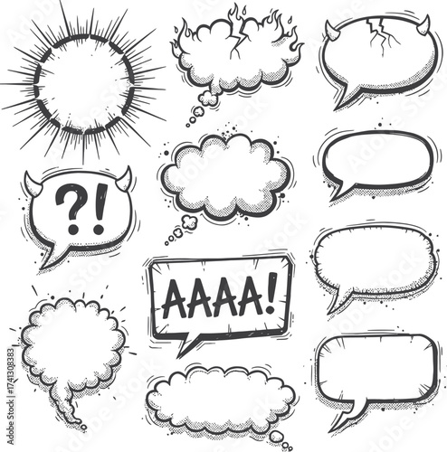 Flaming Doodle Speech Bubbles Set: Scribble Sketch Crayon Style - Spooky Halloween Comics