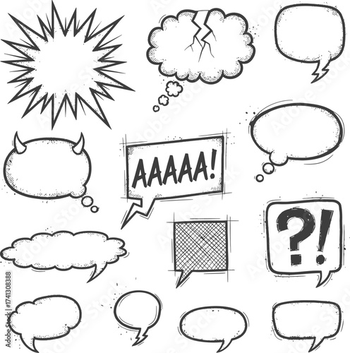 Flaming Doodle Speech Bubbles Set: Scribble Sketch Crayon Style - Spooky Halloween Comics