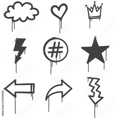 Urban Graffiti Spray Paint Icon Set: Street Art Style with Gritty Grunge Texture

