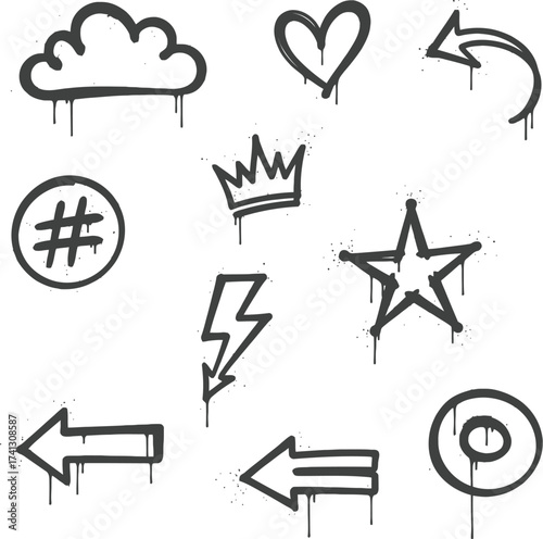 Urban Graffiti Spray Paint Icon Set: Street Art Style with Gritty Grunge Texture

