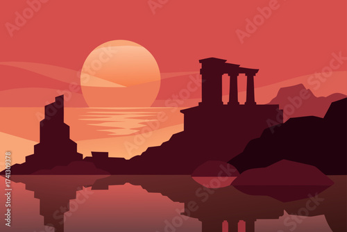 Silhouette of ruins at sunset by the water's edge