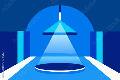 A blue stage with a spotlight shining on a circle