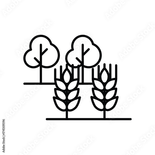 Two wheat stalks stand before two trees forming a simple field or landscape scene rendered in a minimalist lineart style