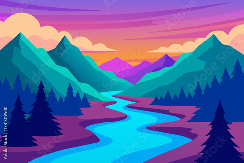 Colorful landscape with river mountains and trees