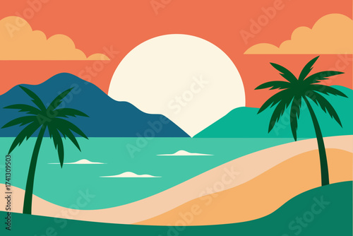 Tropical beach with palm trees and sunset scenery