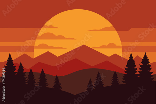 Sunset landscape with mountains and trees silhouette