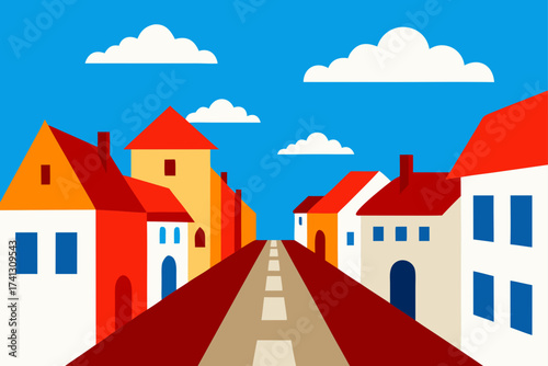 Colorful buildings along a street under blue skies
