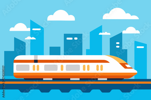 Modern train in front of city buildings and clouds