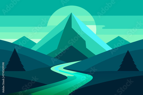 Teal mountains and river landscape with sun behind