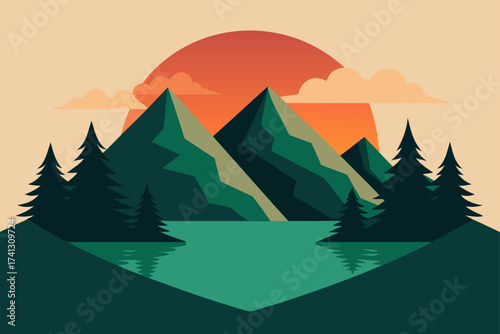 Landscape view of mountains trees and a sunset scene