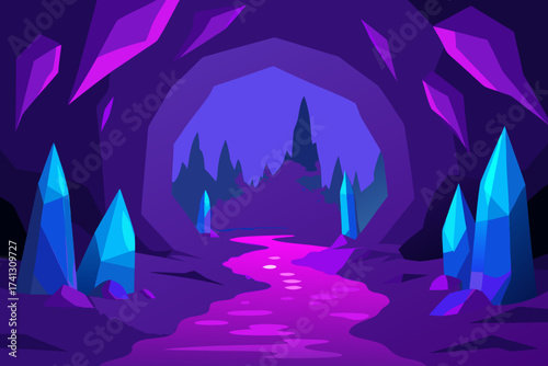 Illustration of a purple cave with crystal formations