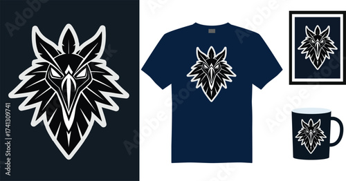 Tshirt mockup tribal hawk head graphic navy blue t shirt framed art mug vector