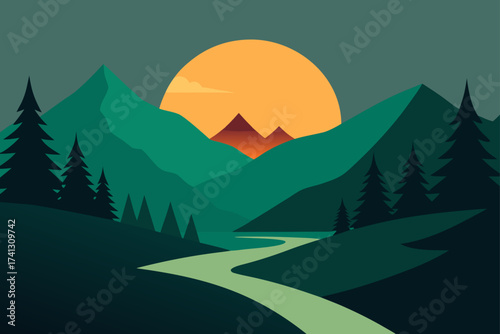 Landscape view with mountains and a rising sun scene