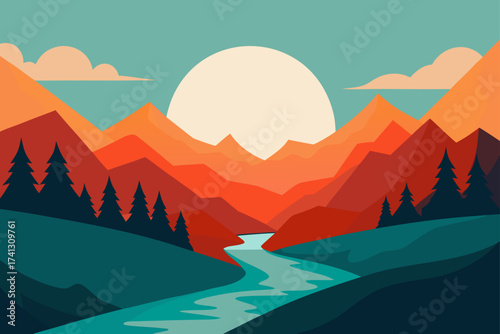 Landscape illustration of mountains and river view