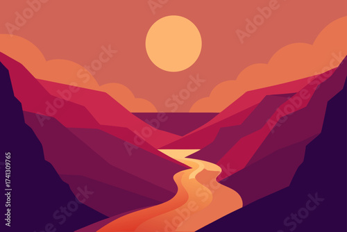 Sunset landscape with river and mountains drawing