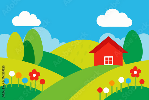 Illustration of a red house in a green landscape