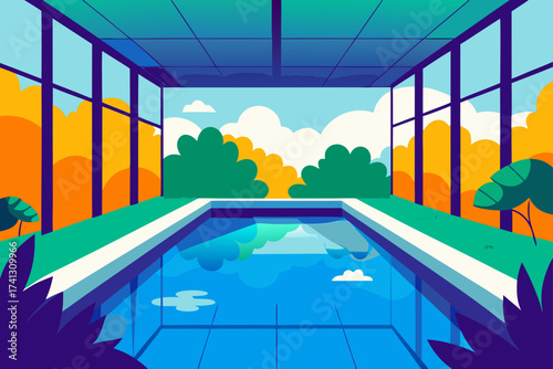 Indoor swimming pool with view of trees and clouds
