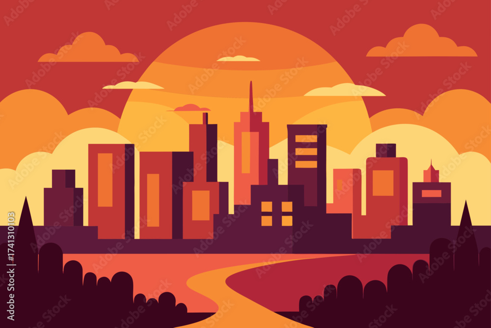 Fototapeta premium Cityscape silhouette against a sunset illustration