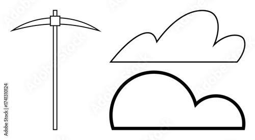 Minimalist pickaxe beside two cloud outlines, merging concepts of mining, technology, cloud computing, innovation, development, data storage, and digital infrastructure. Simple flat metaphor