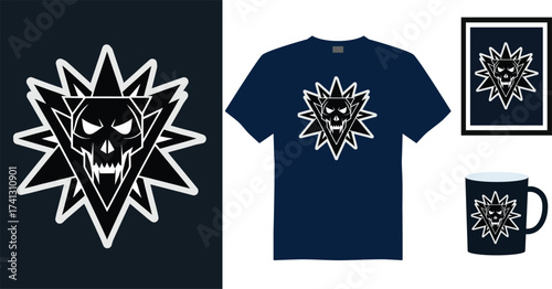 Tshirt mockup tribal lion skull with spiked starburst dark blue vector