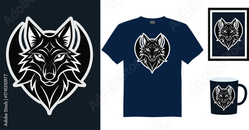 Tshirt mockup tribal wolf head graphic dark blue t shirt framed art mug vector