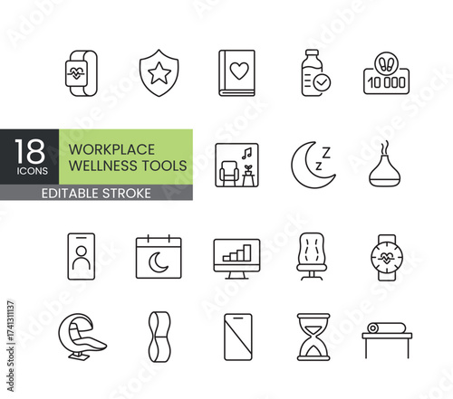 A set of vector icons representing workplace wellness tools and digital wellbeing solutions, created in line style with editable stroke