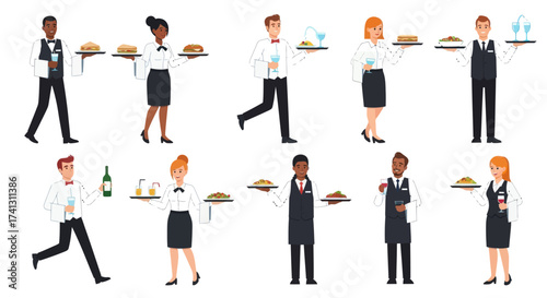 A diverse collection of cartoon waiters and waitresses in professional uniforms serving food and drinks on trays.