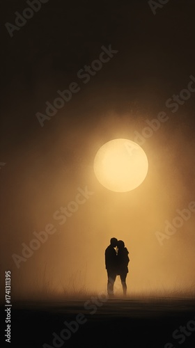 Wallpaper Mural dark and moody silhouette of two lovers embracing under a huge glowing golden moon Torontodigital.ca