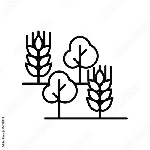 Two stylized trees flank two wheat stalks on a flat surface