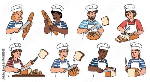 Diverse bakers in chef hats slicing and preparing bread loaves.