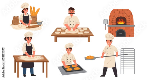 Cartoon illustration set of bakers and the bread-making process from dough to oven.