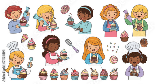 Diverse children happily decorating and enjoying cupcakes and sweets.