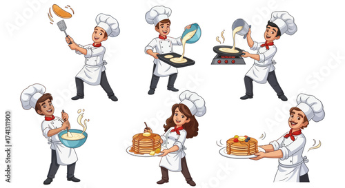 Cartoon Chefs Cooking Pancakes: Diverse Poses and Expressions.