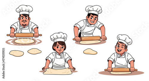Diverse Cartoon Chefs Rolling Dough with Rolling Pins.