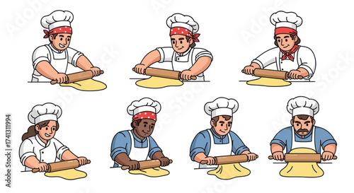 Diverse Group of Cartoon Bakers Rolling Dough with Rolling Pins.