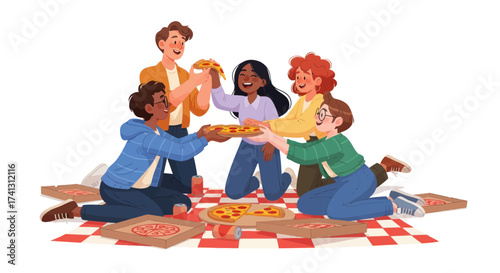 Group of Diverse Friends Enjoying Pizza Together at a Picnic.