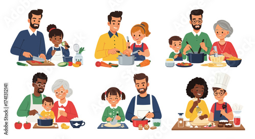 A collection of six vector illustrations showing diverse families cooking together in the kitchen.