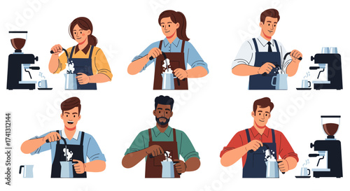 Diverse Barista Collection: Preparing Coffee with Espresso Machines and Milk Frothing.