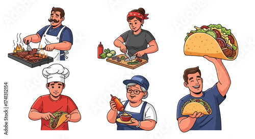 Diverse People Preparing and Enjoying Delicious Tacos.