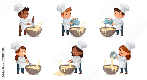 A cute cartoon set of diverse children dressed as chefs happily baking and mixing dough in bowls.
