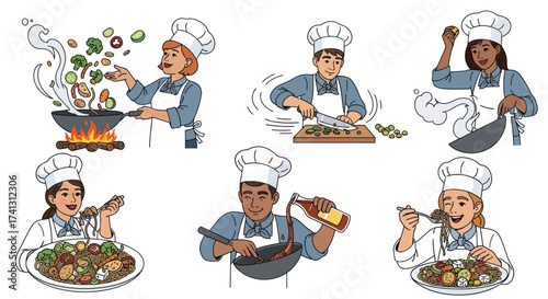 Cartoon Chefs Cooking and Preparing Various Delicious Dishes.