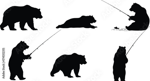 Bear fishing vector silhouette illustration showing cartoon wildlife animal poses with rod, fish, walking, sitting, lying in nature design