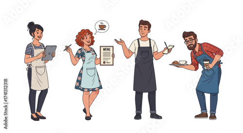 Diverse Cartoon Restaurant and Cafe Staff Characters in Aprons.