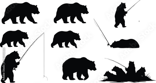 Bear walking and fishing vector silhouette illustrations showing cartoon animal poses with rod, fish, nature wildlife group design content
